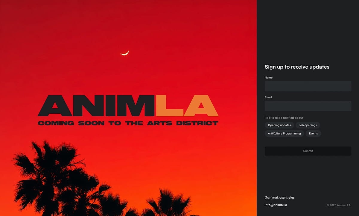 ANIMAL LA coming-soon page — the ANIMLA wordmark and 'Coming soon to the Arts District' over a crimson sunset sky with a crescent moon and palm silhouettes