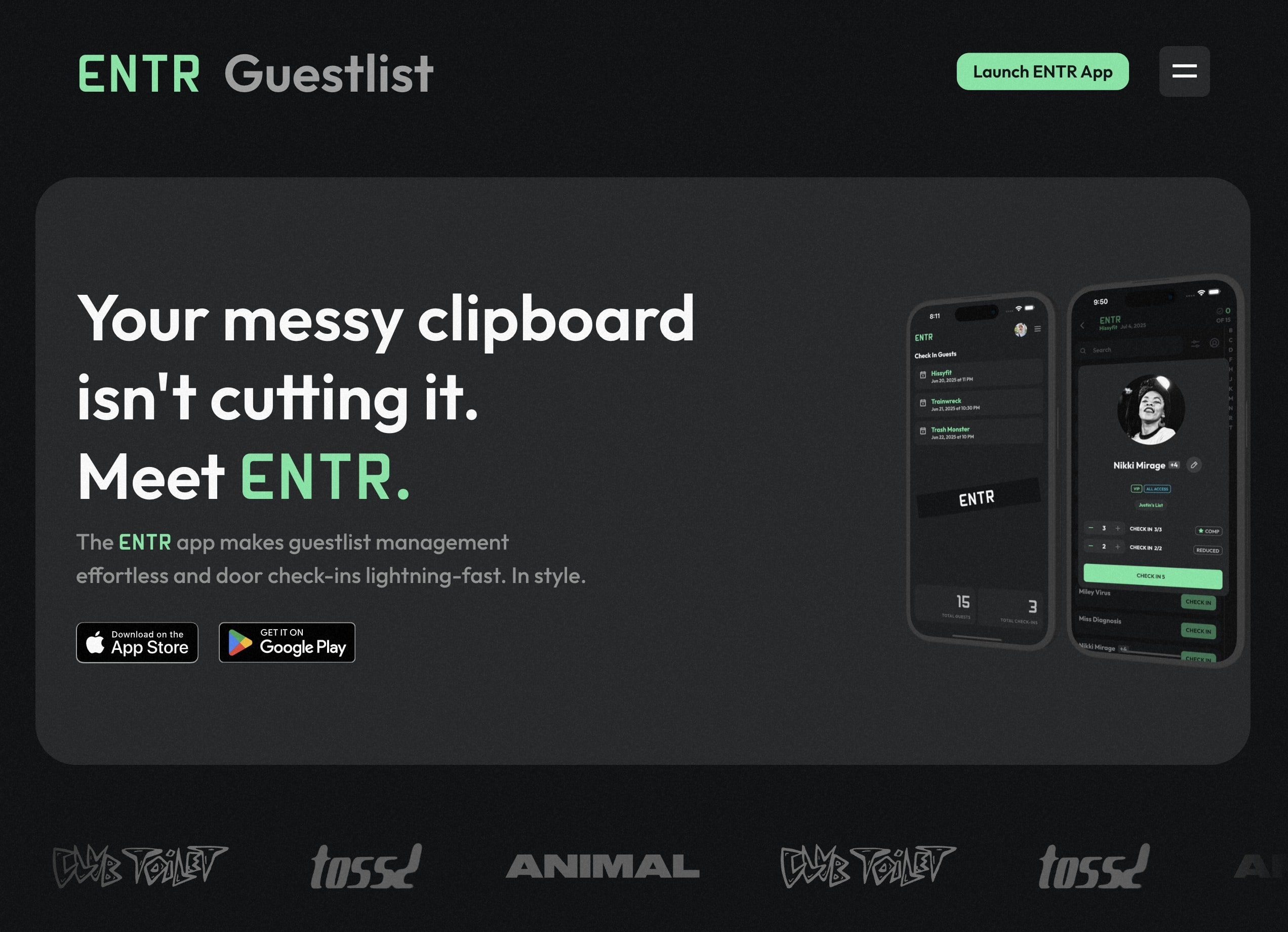 ENTR Guestlist with 'Your messy clipboard isn’t cutting it. Meet ENTR.' and iPhone screens showing the check-in flow