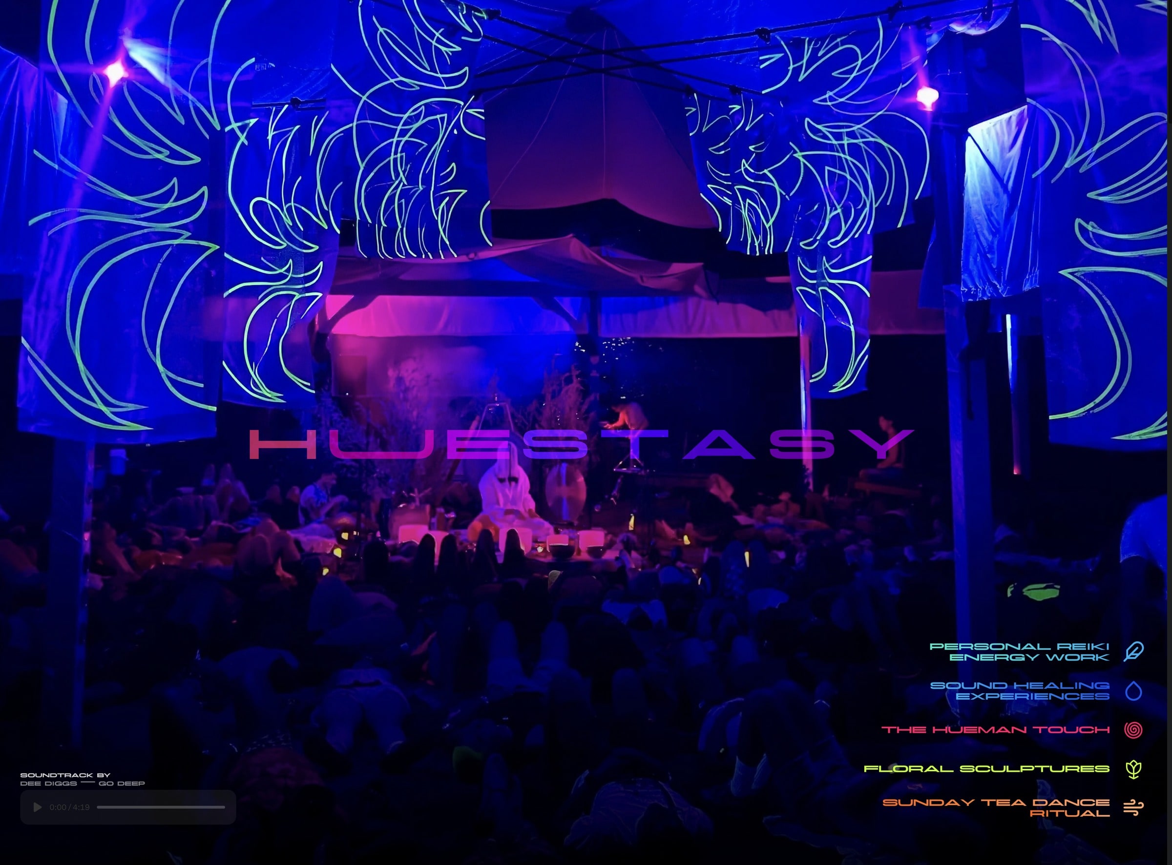 Huestasy site hero with the HUESTASY wordmark over a UV-lit Brooklyn loft sound bath scene
