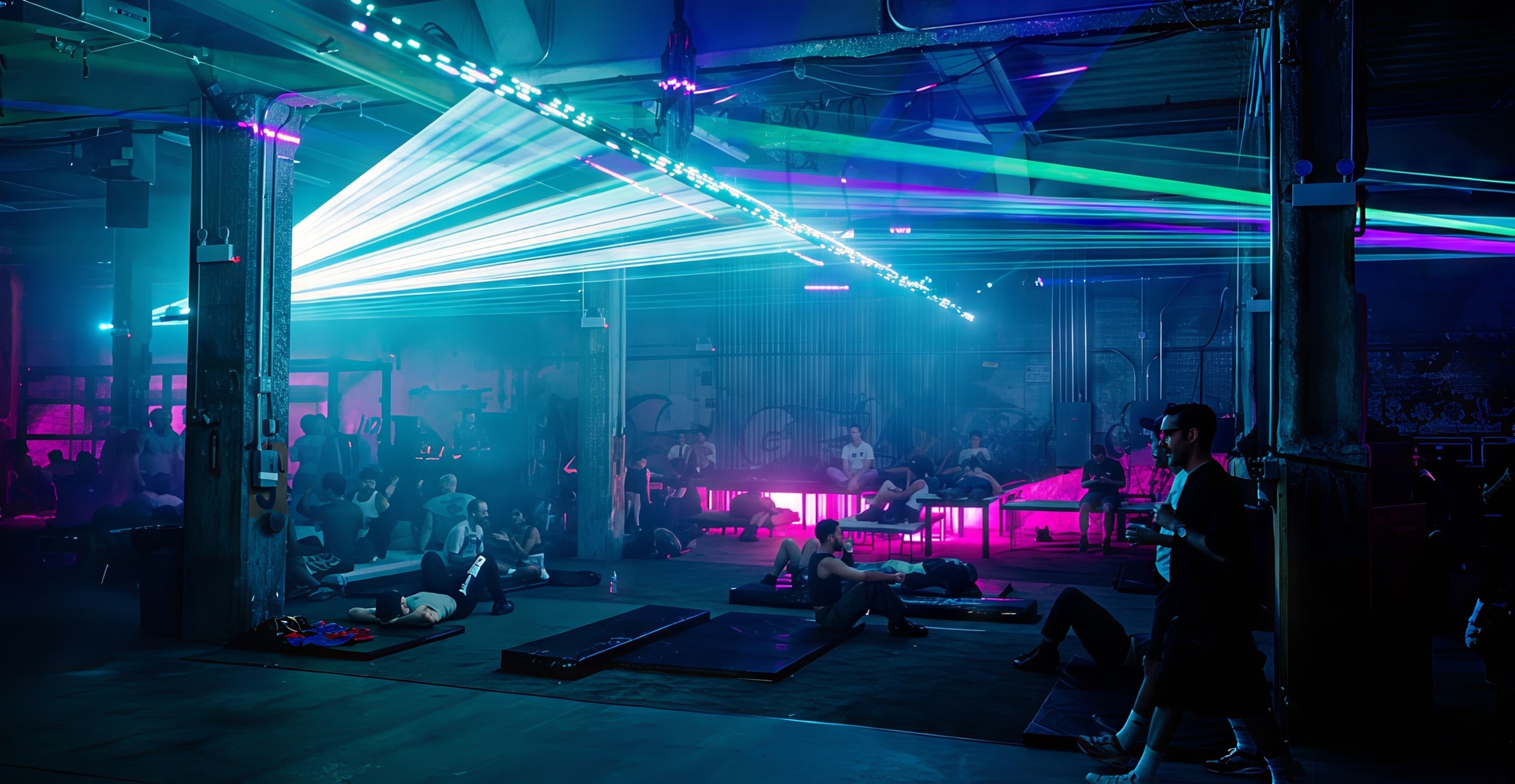 QNCC warehouse with aqua and magenta lasers cutting through the room