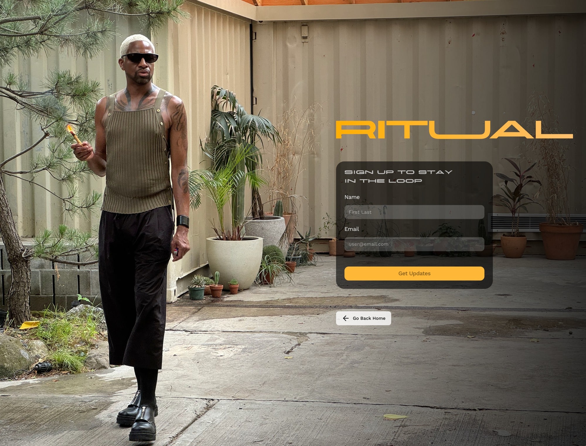 Ritual landing page with 'Sign up to stay in the loop' over a courtyard portrait