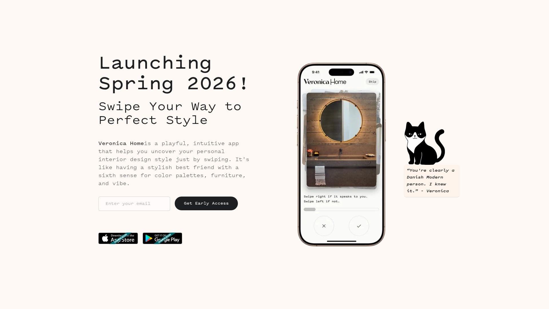 Veronica Home product screen, a swipe-to-style interior design app