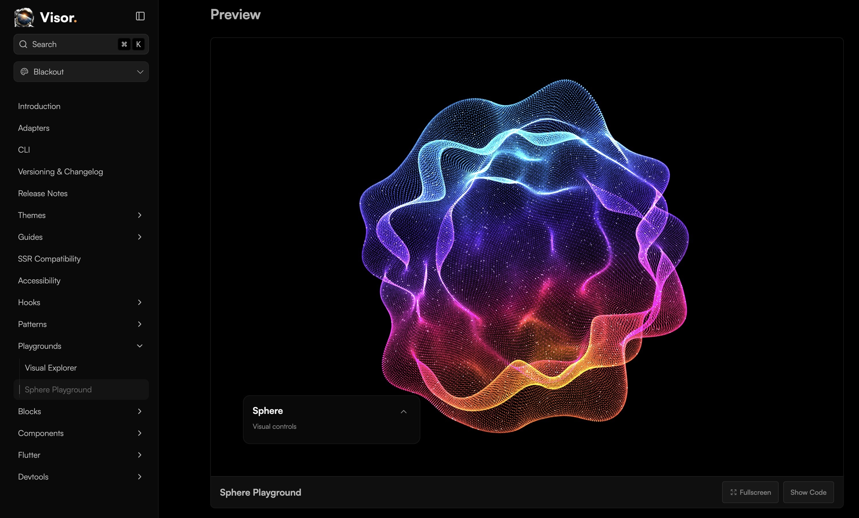 Sphere component playground from the Visor design system, rendering a luminous particle sphere