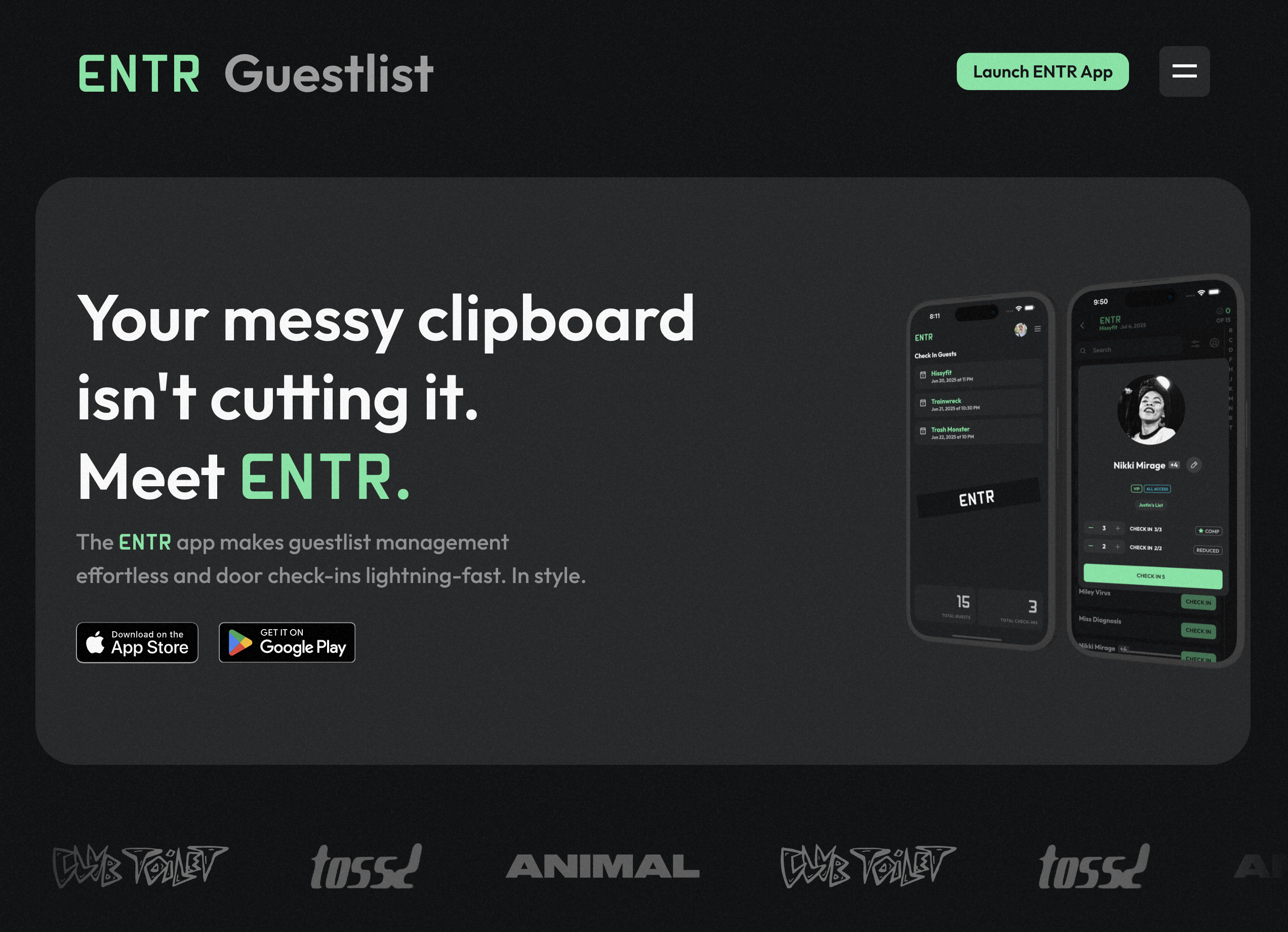 ENTR Guestlist with 'Your messy clipboard isn’t cutting it. Meet ENTR.' and iPhone screens showing the check-in flow