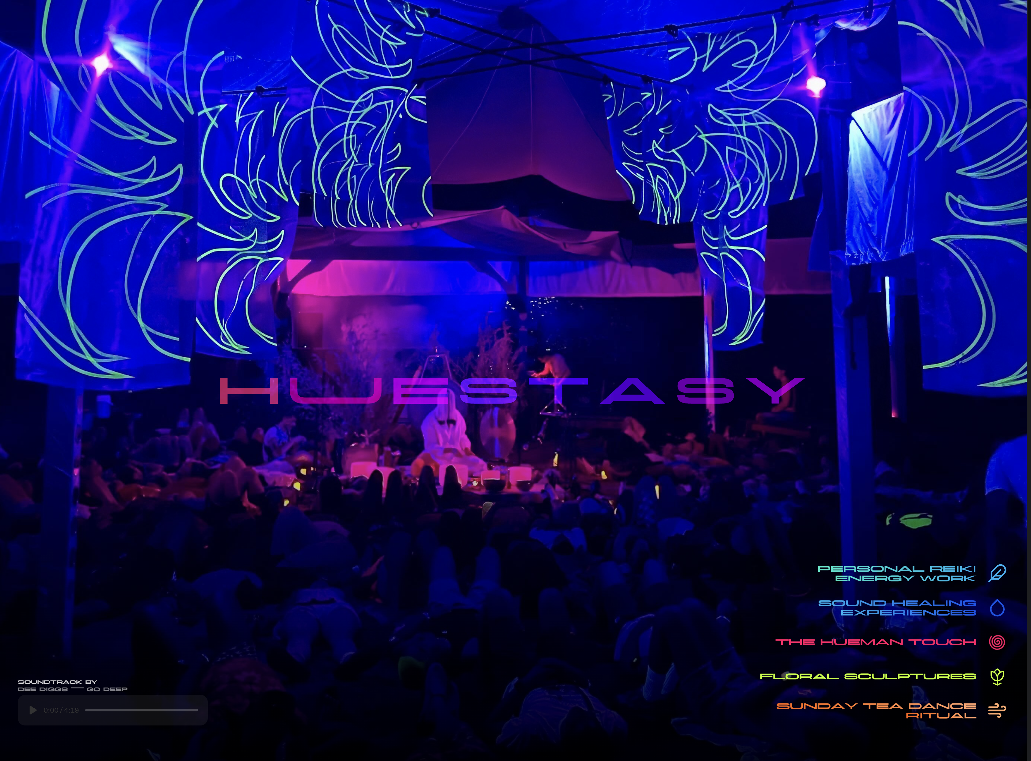 Huestasy site hero with the HUESTASY wordmark over a UV-lit Brooklyn loft sound bath scene