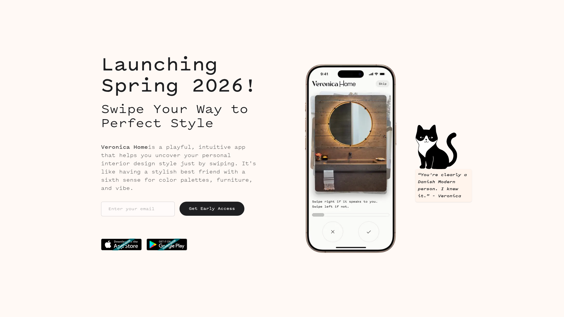 Veronica Home product screen, a swipe-to-style interior design app